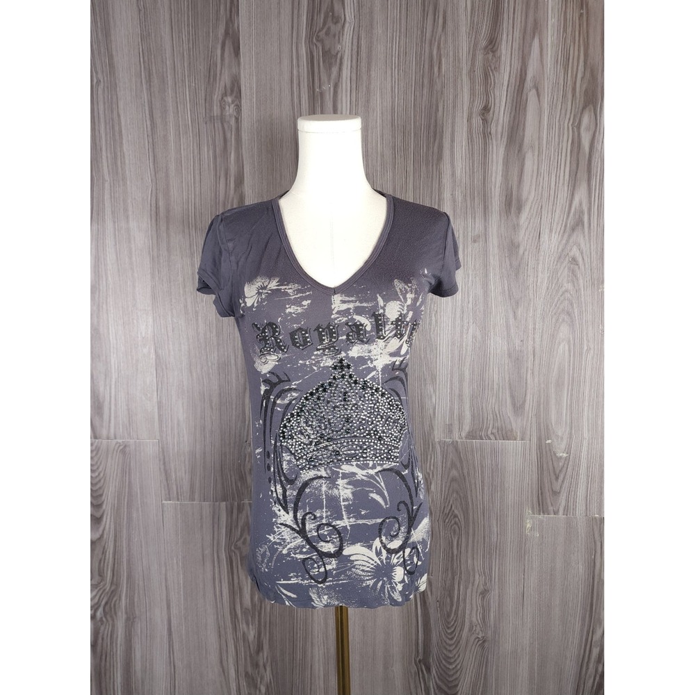 Julia Royalty Charcoal Gray Rhinestone Crown Graphic V-Neck Tee Women Small